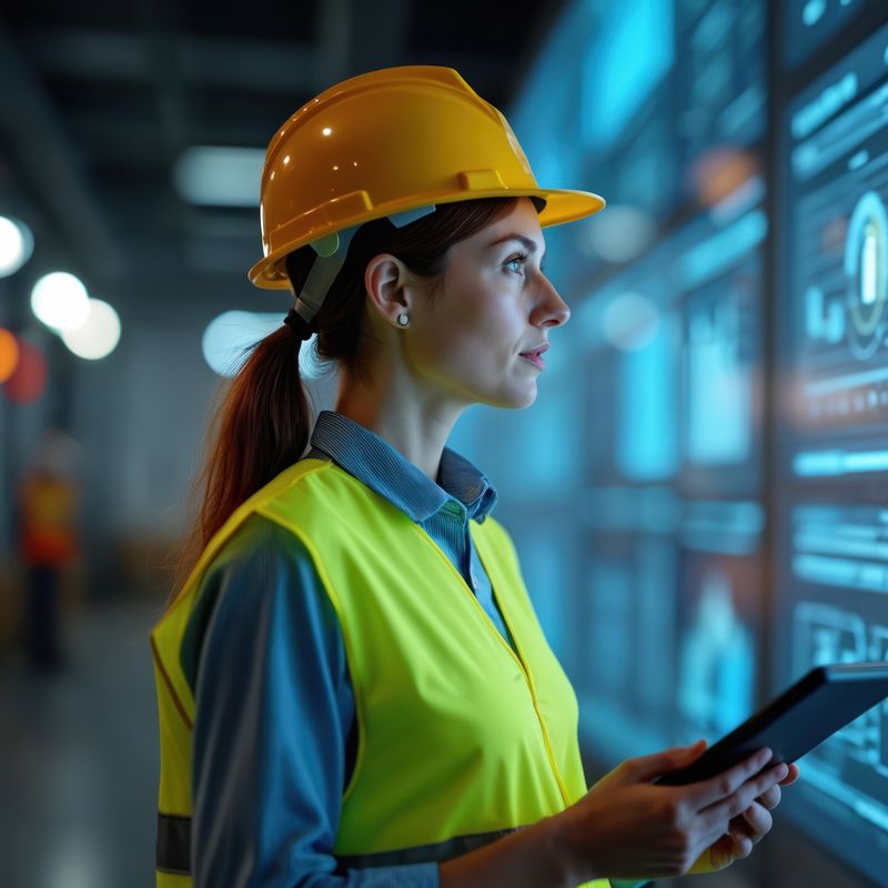 A woman in a hard hat, looking at large screens displaying data.