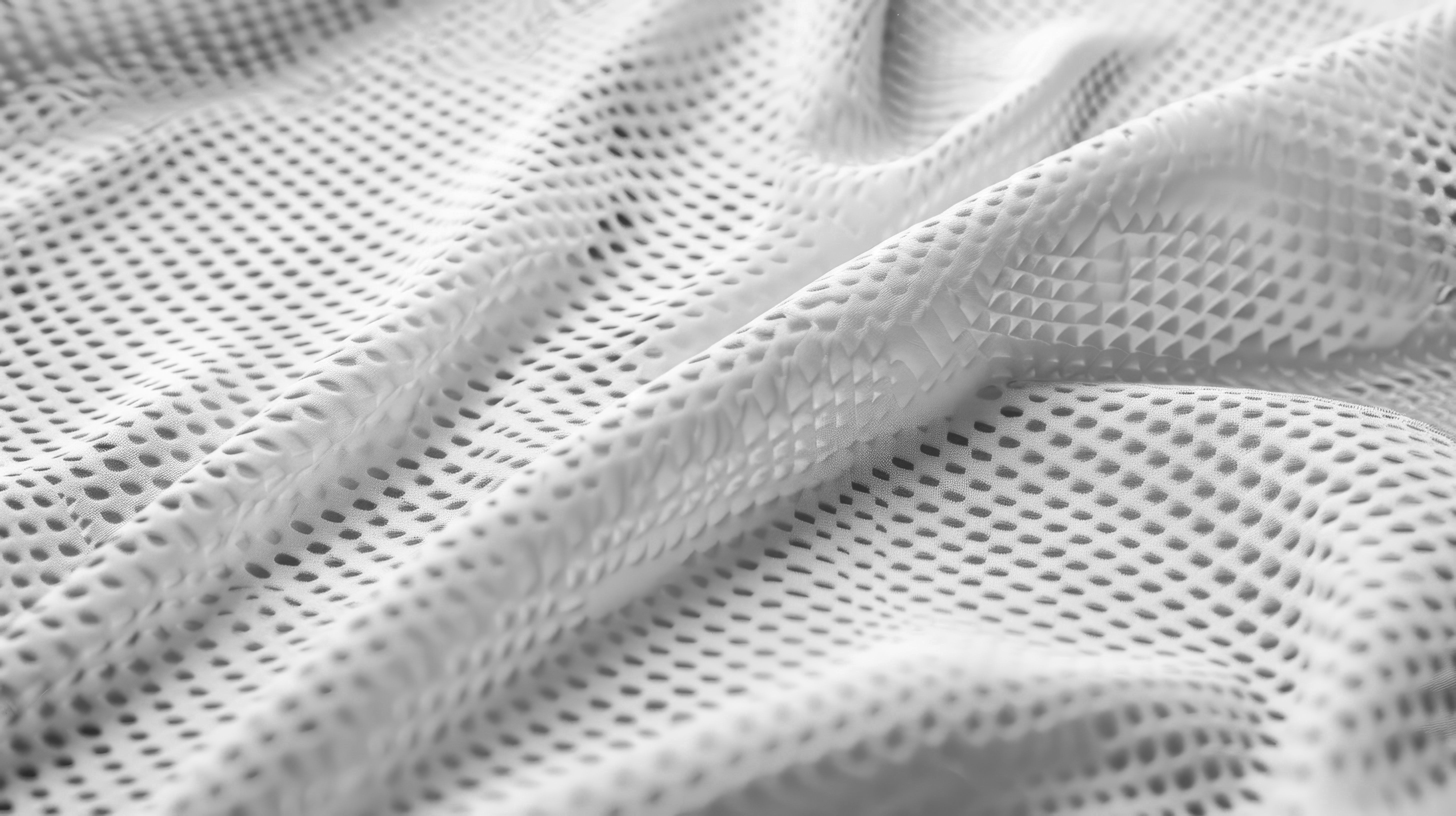 A close-up of a mesh structure, shot from a low, macro-level angle in shades of white and grey, representing the Second Mesh branding and the company's values.