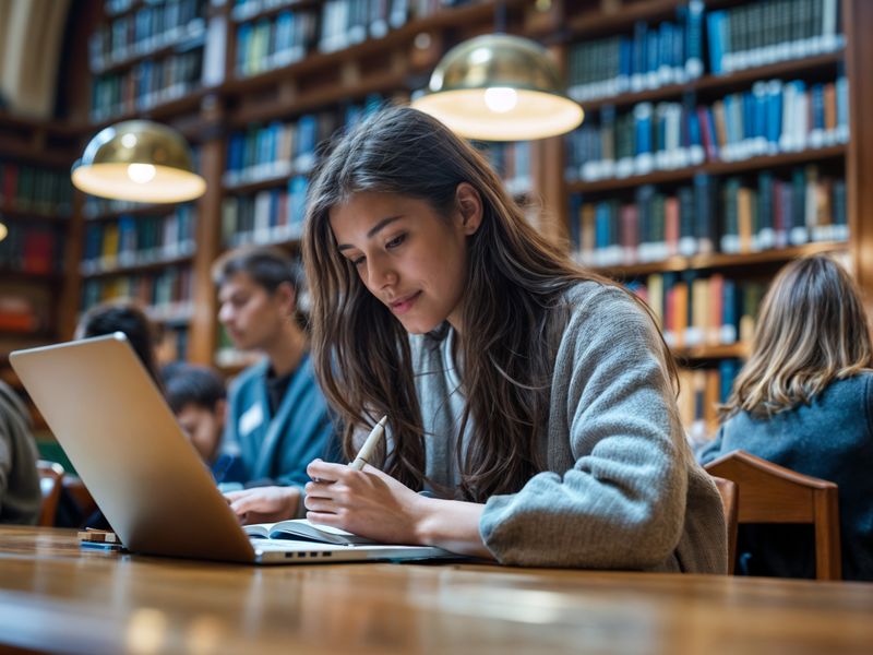 A woman looks at a laptop screen, sitting in front of a library shelf full of books.