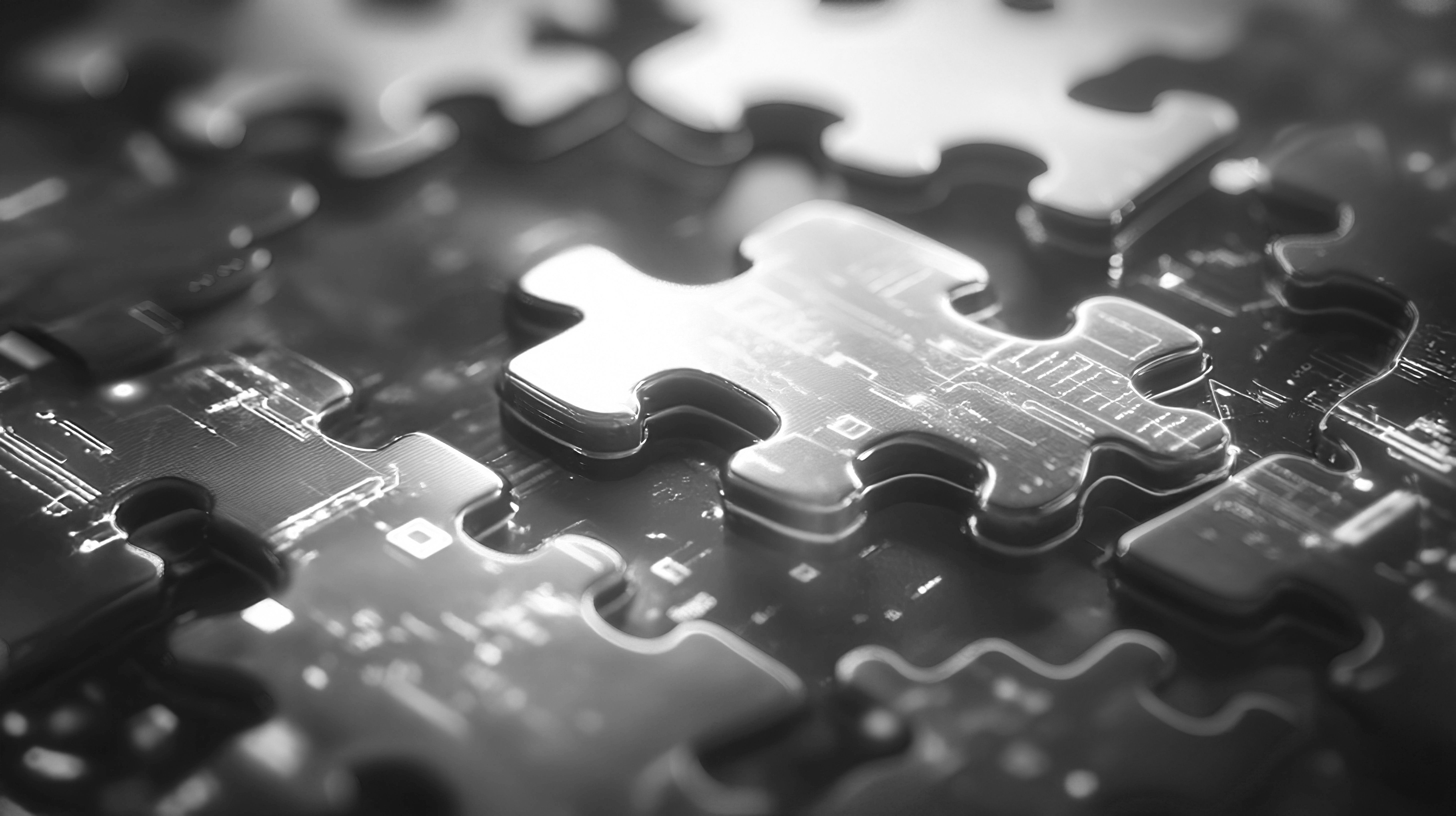 A close-up of a jigsaw-like structure, shot from a low, macro-level angle, representing the Second Mesh SaaS ecosystem.